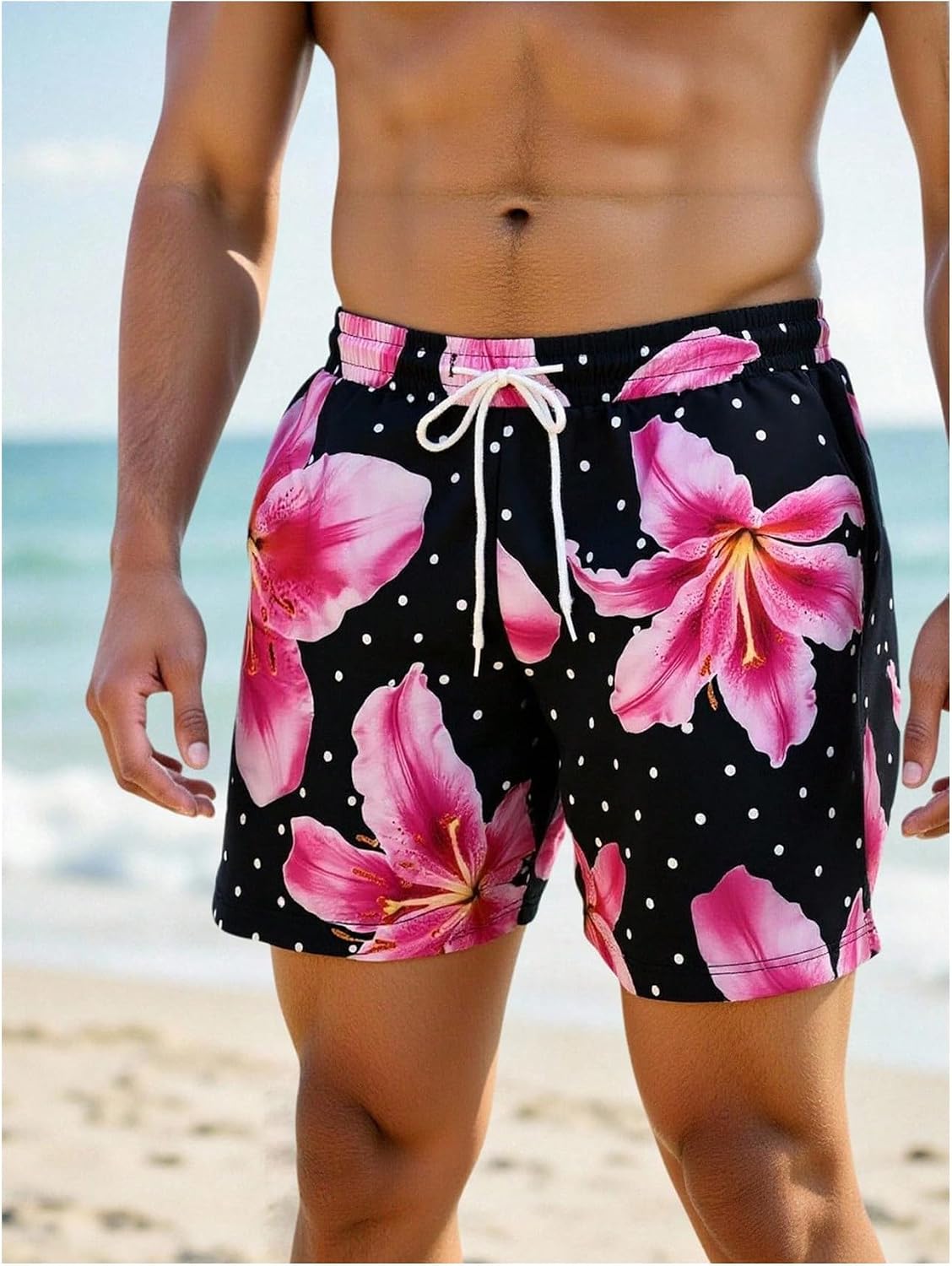 MakeMeChic Men's Floral Swim Trunks Polka Dots Low Waisted Beach Board Shorts with Pockets