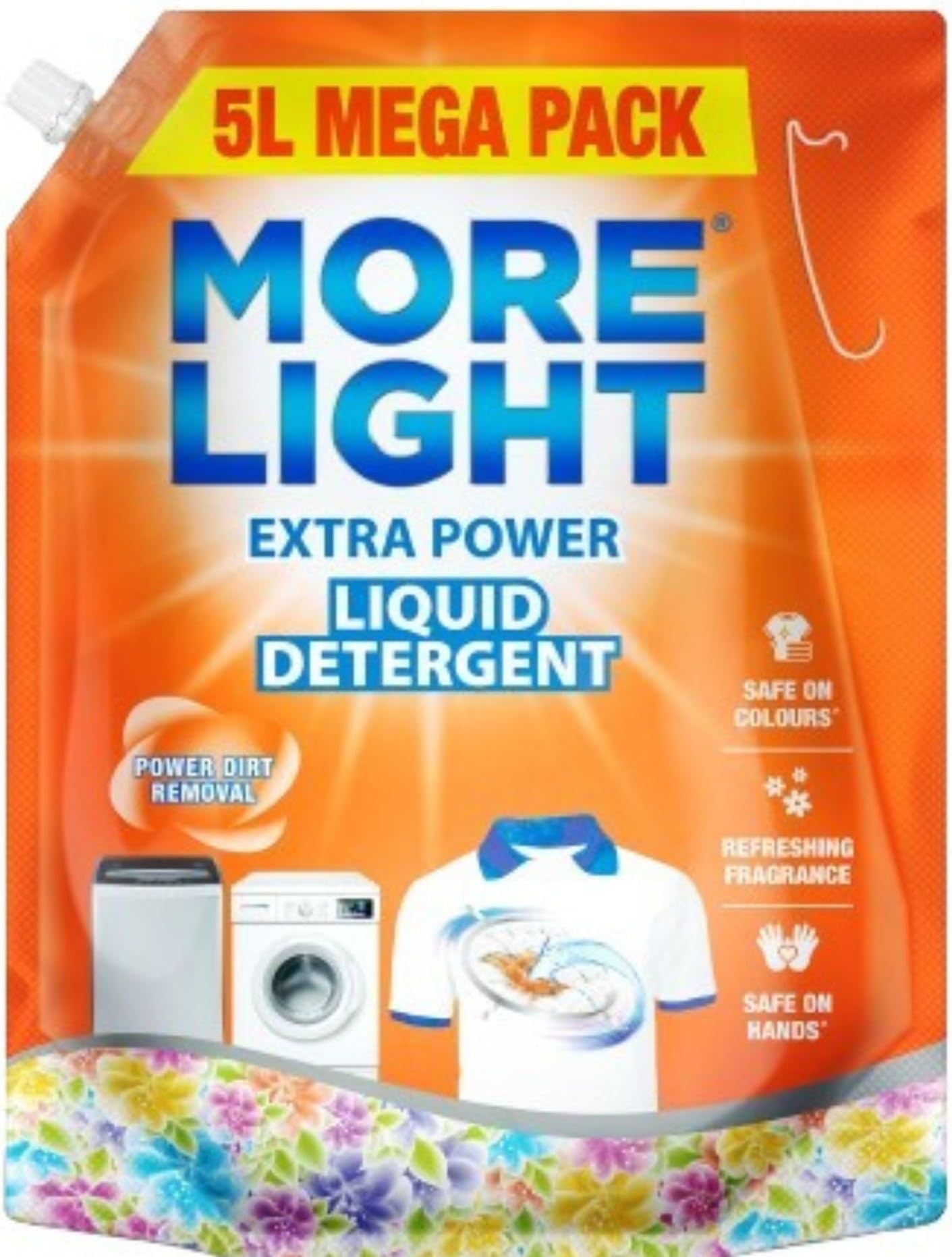 More Light Extra Power Liquid Detergent 5 Litre Pouch with Enzymatic Action Removes Tough Stain | Laundry Liquid Detergent with Refreshing Fragrance for Bucket Wash, Top Load & Front Load Machines