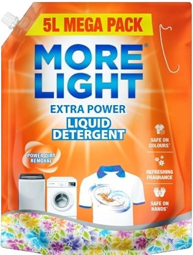 More Light Extra Power Liquid Detergent 5 Litre Pouch with Enzymatic Action Removes Tough Stain | Laundry Liquid Detergent with Refreshing...