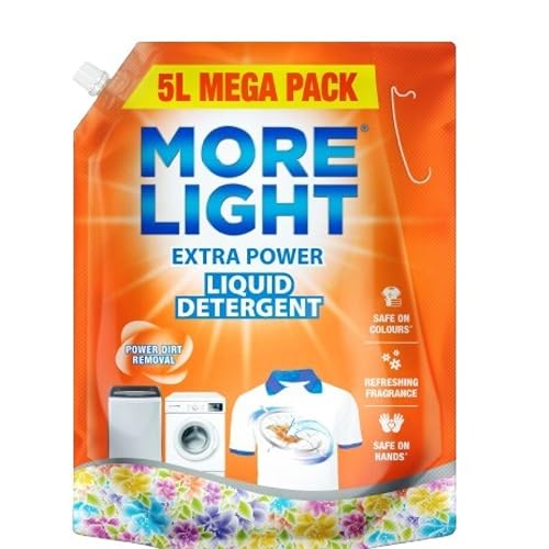 More Light Extra Power Liquid Detergent 5 Litre Pouch with Enzymatic Action Removes Tough Stain | Laundry Liquid Detergent with Refreshing Fragrance for Bucket Wash, Top Load & Front Lo