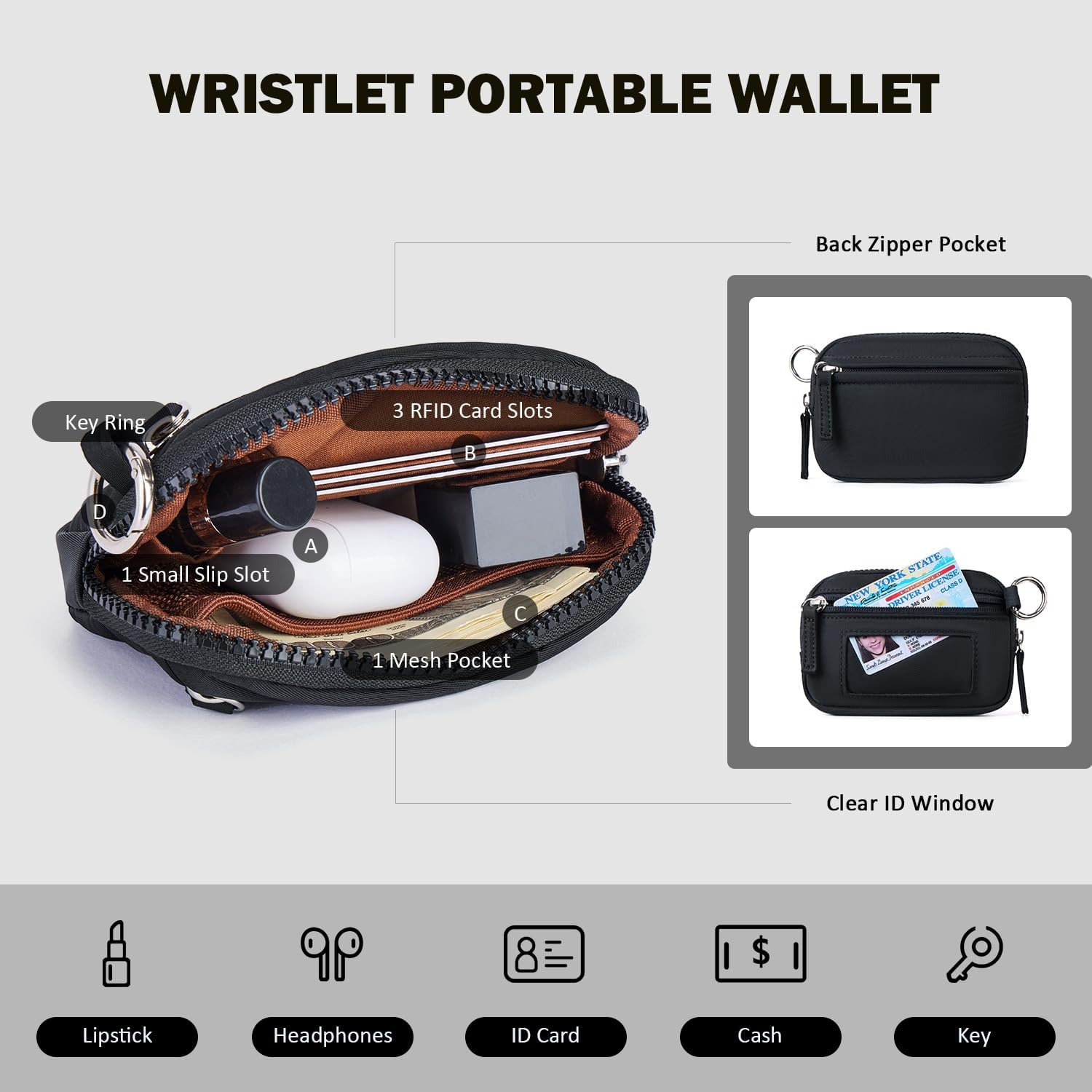 POIUGOYA Nylon Wristlet Wallets, Dual Pouch Keychain Wristlet Wallet, RFID Small Wallet With Coin Pouch,ID Window For Travel thumbnail