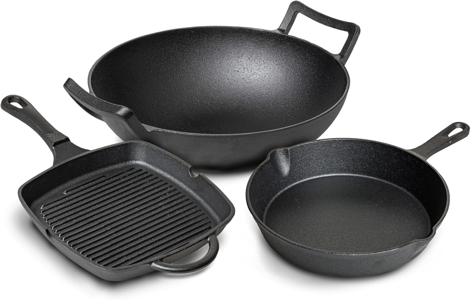 Blackwell Pfannenset aus Gusseisen – Grillpfanne 23 x 23 cm, Bratpfanne Ø 25 cm & Wok Ø 32 cm – 3-teilig – geeignet für alle Herdarten