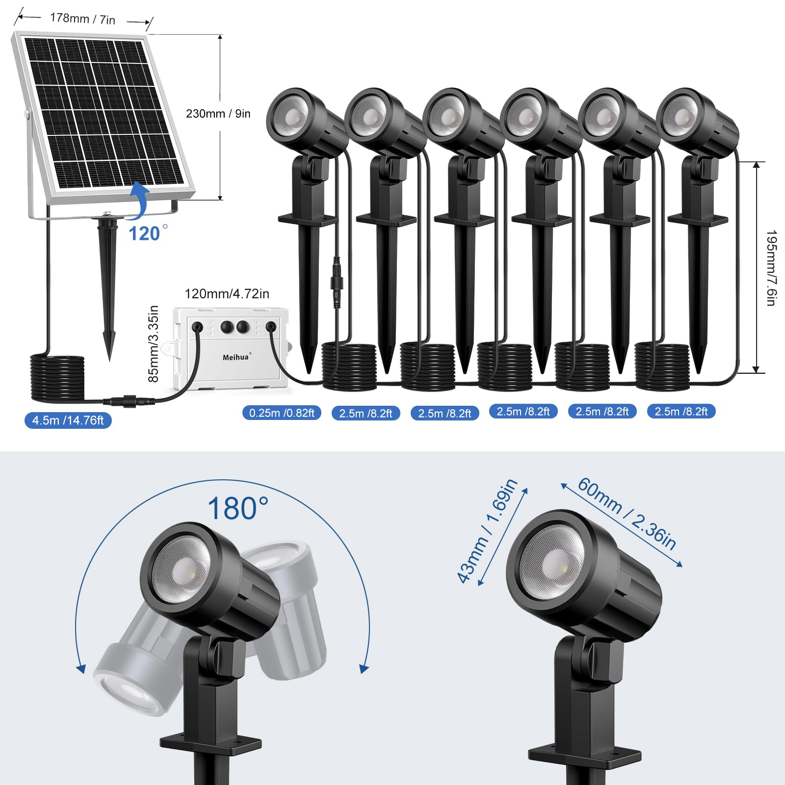 MEIHUA Luces Solares LED Exterior Jardin 2700K Blanco Cálido | Luz Solar 3 Brillo 3 Modos 6000MAH Lámparas IP66 Impermeable Focos Memoria Iluminación Para Patio Caminos Terraza 6 En 1