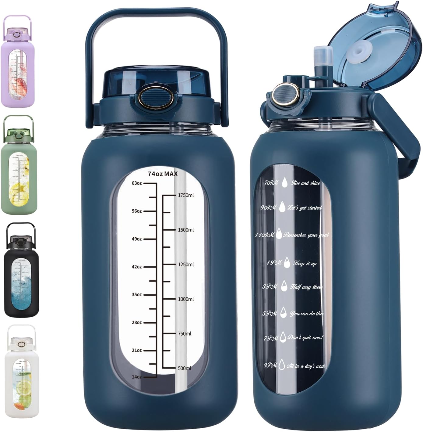 chunmo 74 oz Glass Water Bolttles with Straw Large Motivational Water Bottle with Time Marker Sports Water Bottles with Silicone Sleeve and Handle Lid 2.2L Water Jug for Gym Workout