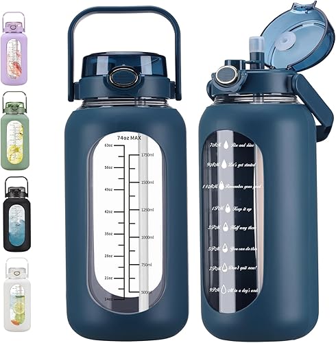 Bolttles de agua de vidrio de 74 onzas con pajilla, botella de agua motivacional grande con marcador de tiempo, botellas de agua deportivas con