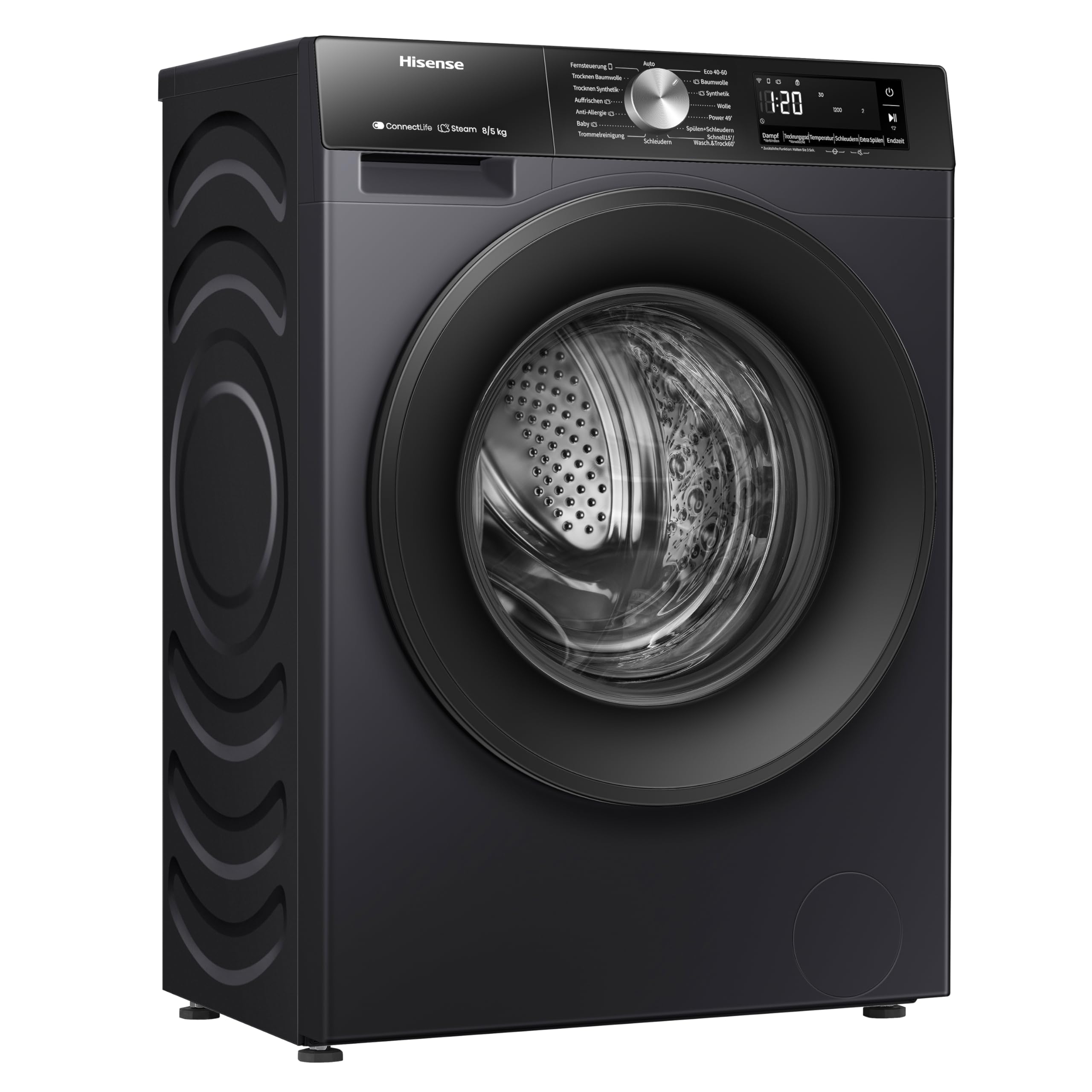 Hinsense WD3S8043BB3 Waschtrockner 8 kg 1400 U/min Dampffunktion JetWash Anti-Allergie Schwarz
