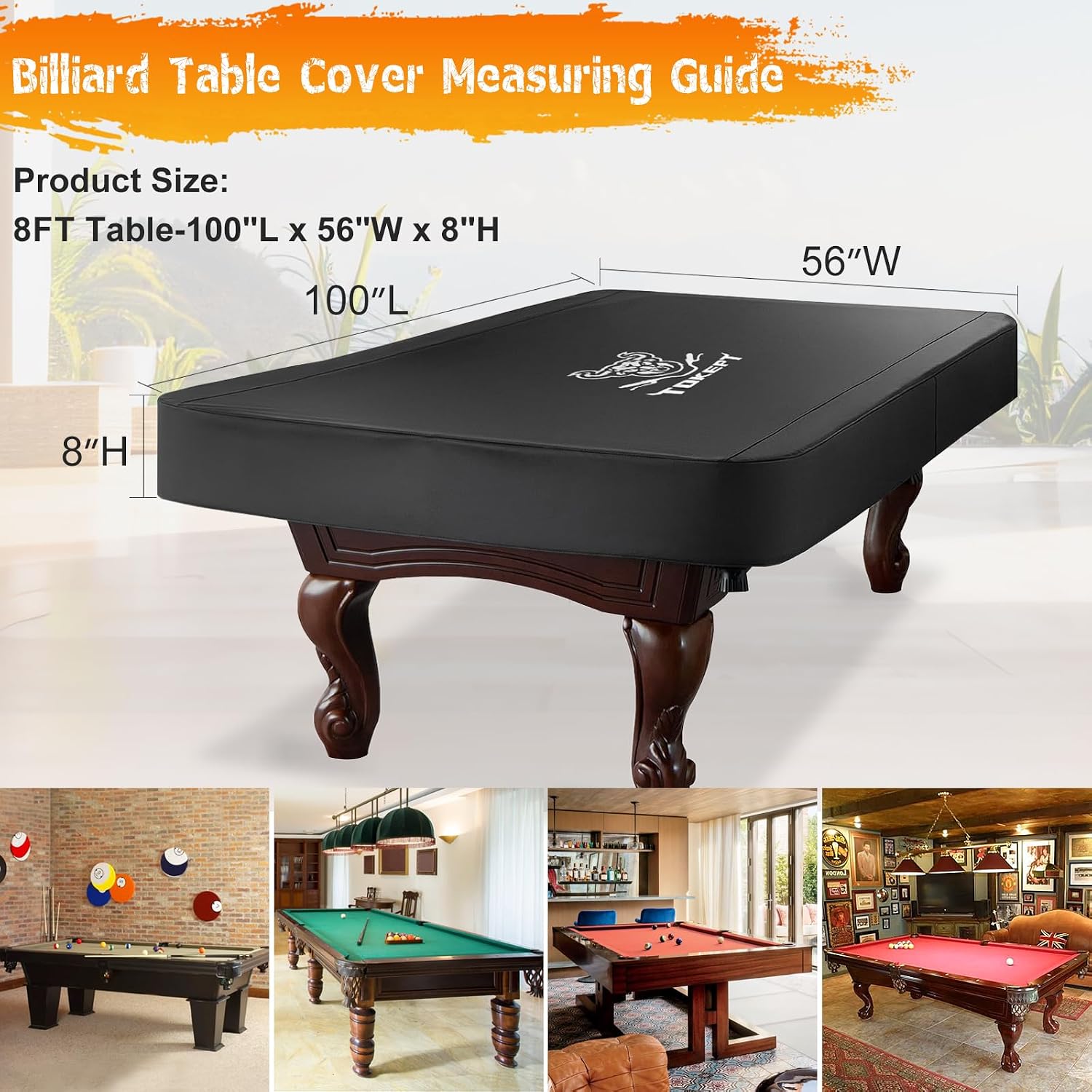 Billiard Table Cover Outdoor Waterproof Material Pool Table Cover with Windproof Buckle for 8FT Pool Table（Black）