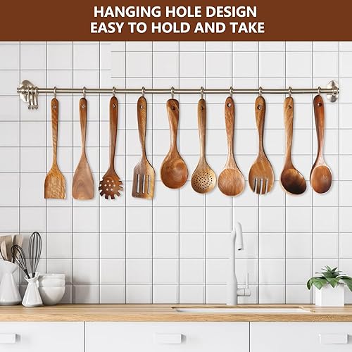 Miniatura 7 de GEEKHOM Juego de utensilios de madera, 10 espátulas de cocina para utensilios de cocina antiadherentes, espátula natural, cucharón para cocinar,