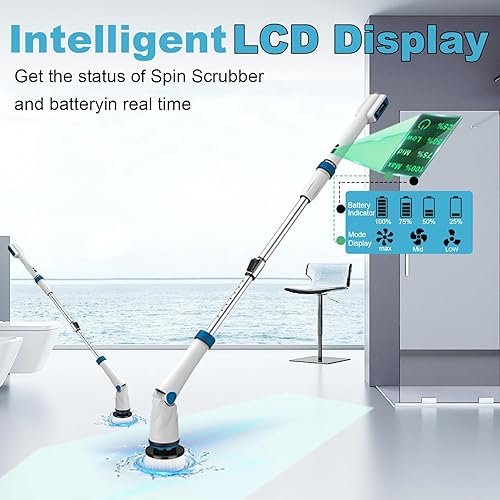 Miniatura 2 de Limpiador eléctrico giratorio, cepillo de limpieza de brazo de extensión ajustable inalámbrico de 1200 RPM con pantalla inteligente, 8 cabezales de