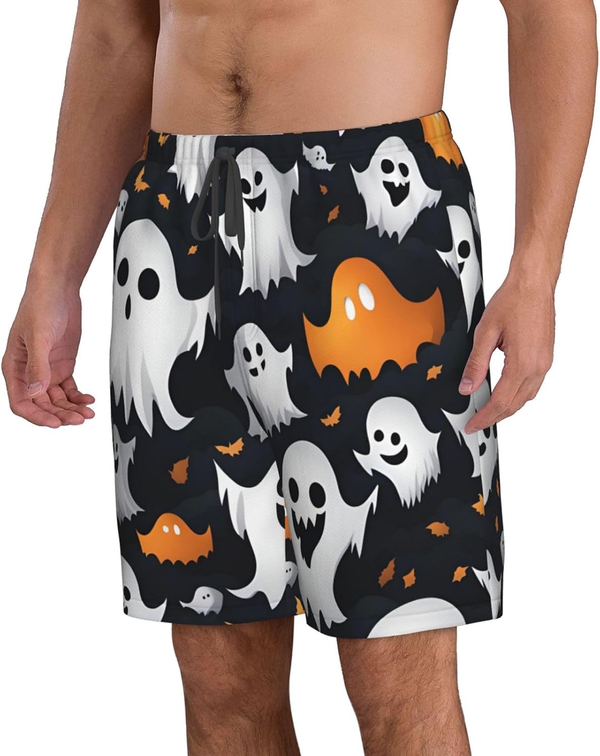 Mens Cute White Ghost Halloween Pattern Print Beach Shorts,Casual Summer Shorts for Men,Quick Dry Polyester