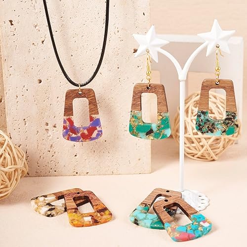 Miniatura 3 de FASHEWELRY 16 piezas de aretes de madera de resina trapezoidal, aretes de madera de lámina dorada, aretes geométricos de madera, dijes bohemios