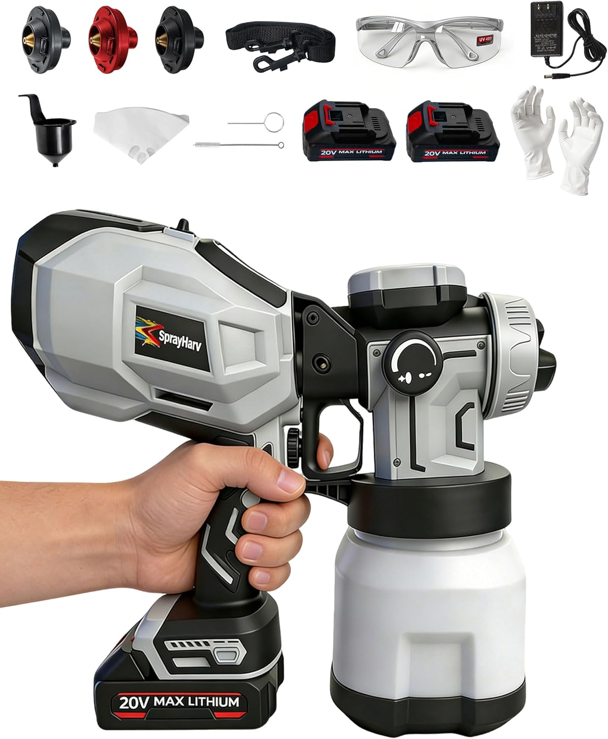1200W Cordless Paint Sprayer with 2 Dual Long-Life Batteries 20Min Each - 1200ml Tank, 3 Copper Nozzles - Electric Spray Paint Gun for House Painting, Furniture, Cabinets, Walls, Fence & DIY Projects
