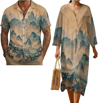 Matching Outfits for Couples Vacation Cruise Clothes - Women's Midi Dress & Men's Linen Shirt