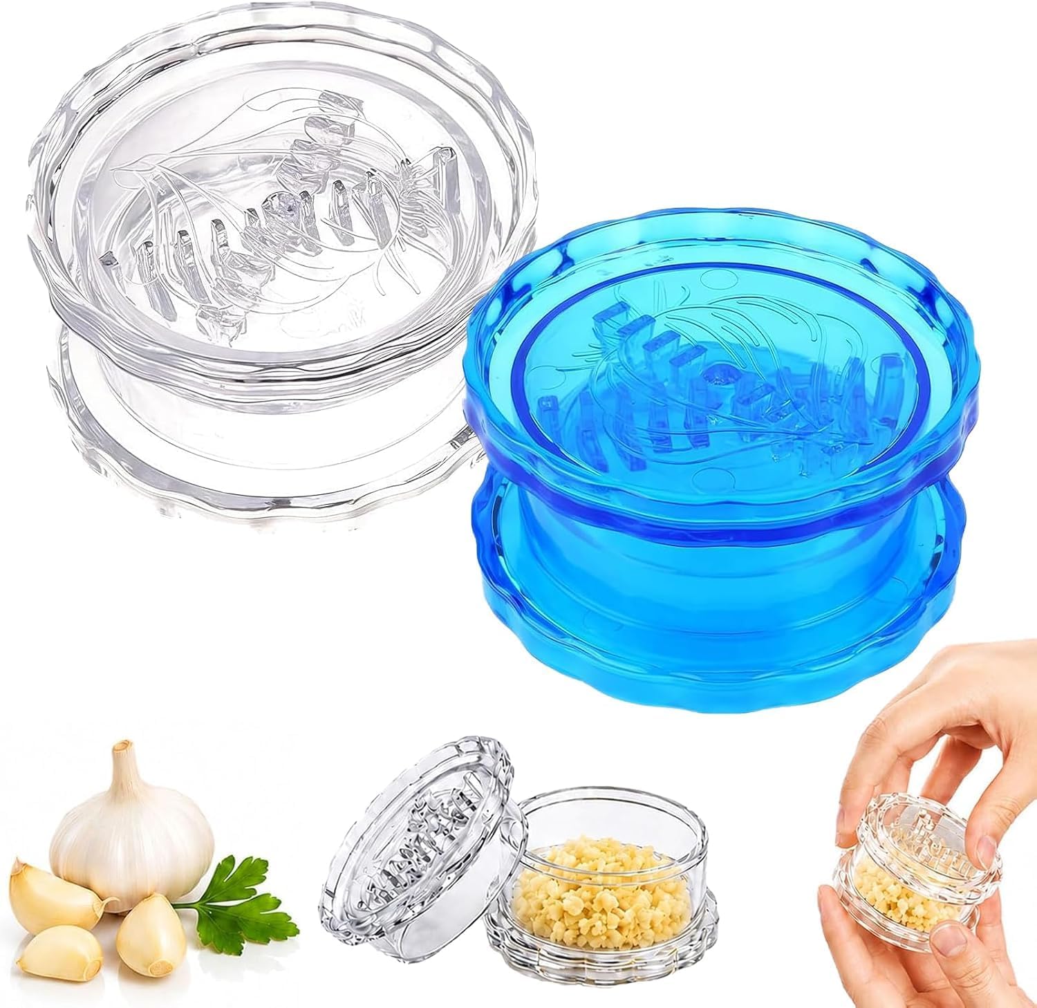 2 Pcs Garlic Twister Mincer, Clear Manual Garlic Crusher for Garlic, Ginger, Herbs, Onion, Compact Easy to Clean Lightweight(Transparent & Blue)