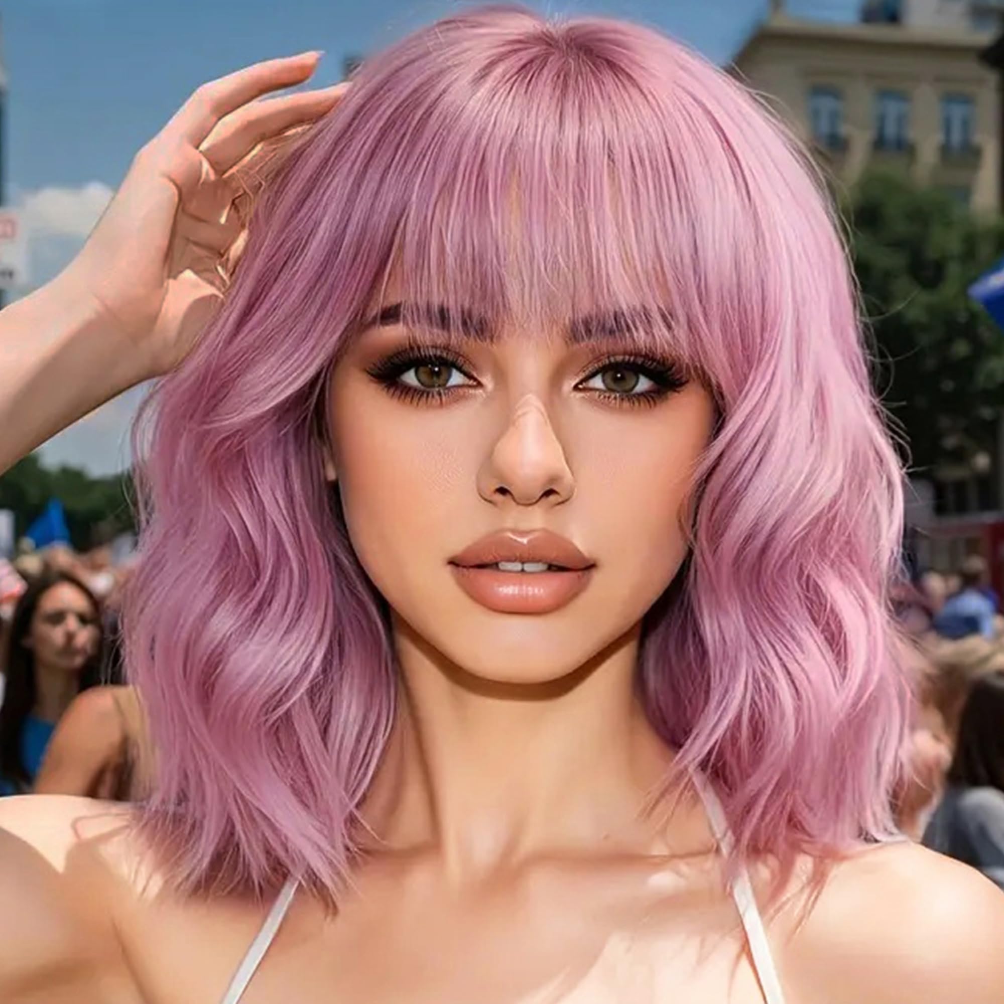 Miuric Short Curly Wavy Wig with Bangs for Women Purple Pink Wig Shoulder Length Bob Wig Women's Colorful Wigs Synthetic Heat Resistant Fiber Wigs for