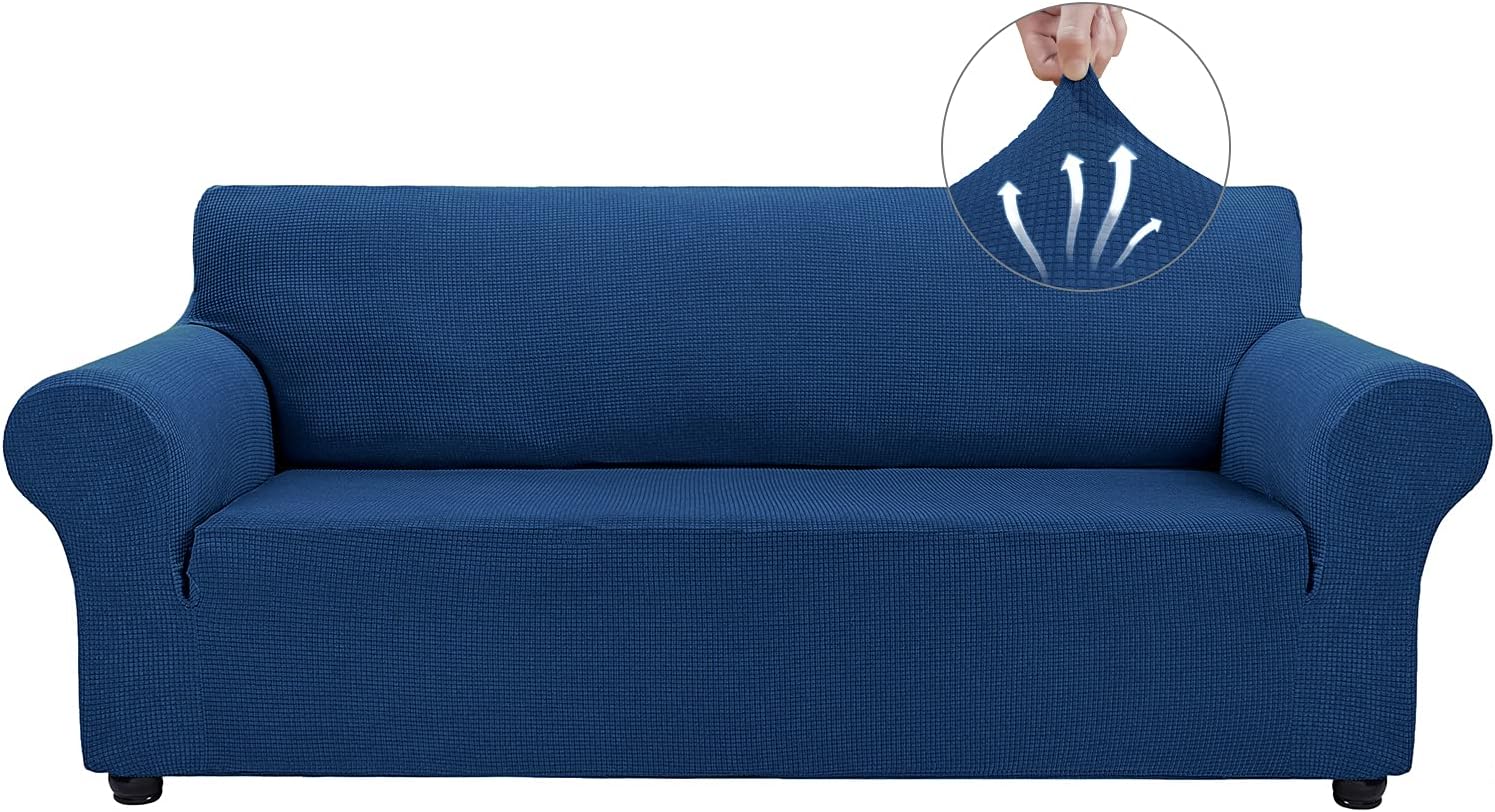 Asnomy Couch Covers for 3 Cushion Couch Stretch Sofa Covers Slipcovers, Pet Protector Furniture Covers for Dogs Cats Spandex Jacquard Fabric Small Checks (Large,Classic Blue)