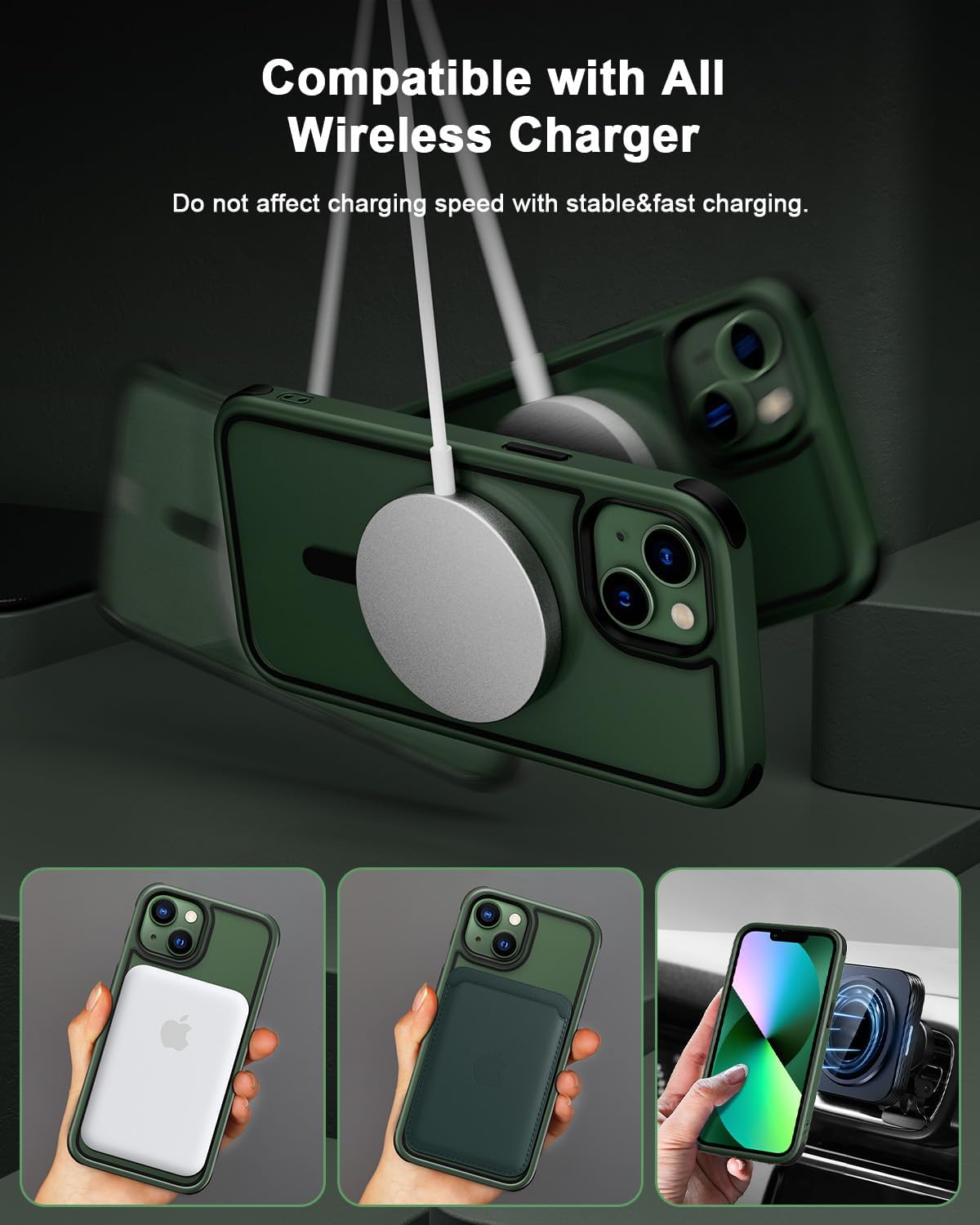 Mobnano for iPhone 14 Case/iPhone 13 Case, Compatible with MagSafe, Crystal Clear Case w/Magnetic Ring, Multicolor Protective Shockproof Bumpers, Not Yellowing Slim Cover for Men Women (Green/Black) image 2
