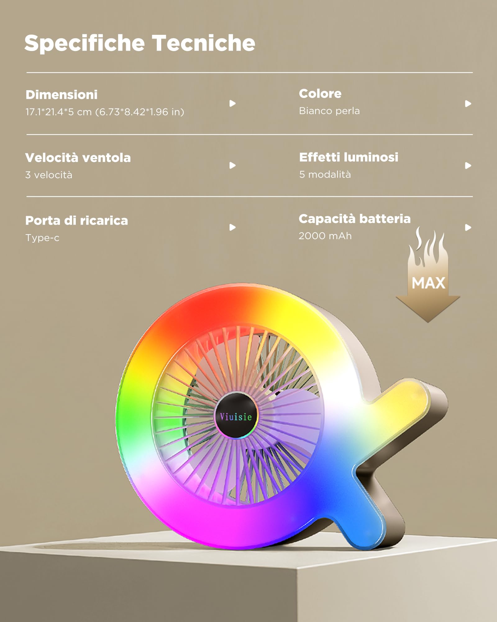 Ventilatore Da Tavolo 2-in-1 Con Luce Rgb E Batteria Ricaricabile Da 2000mAh, USB-C, 3 Velocità Del Vento E 5 Modalità Di Illuminazione, Portatile Per Casa, Ufficio, Campeggio E Camper (Crema Bianca)