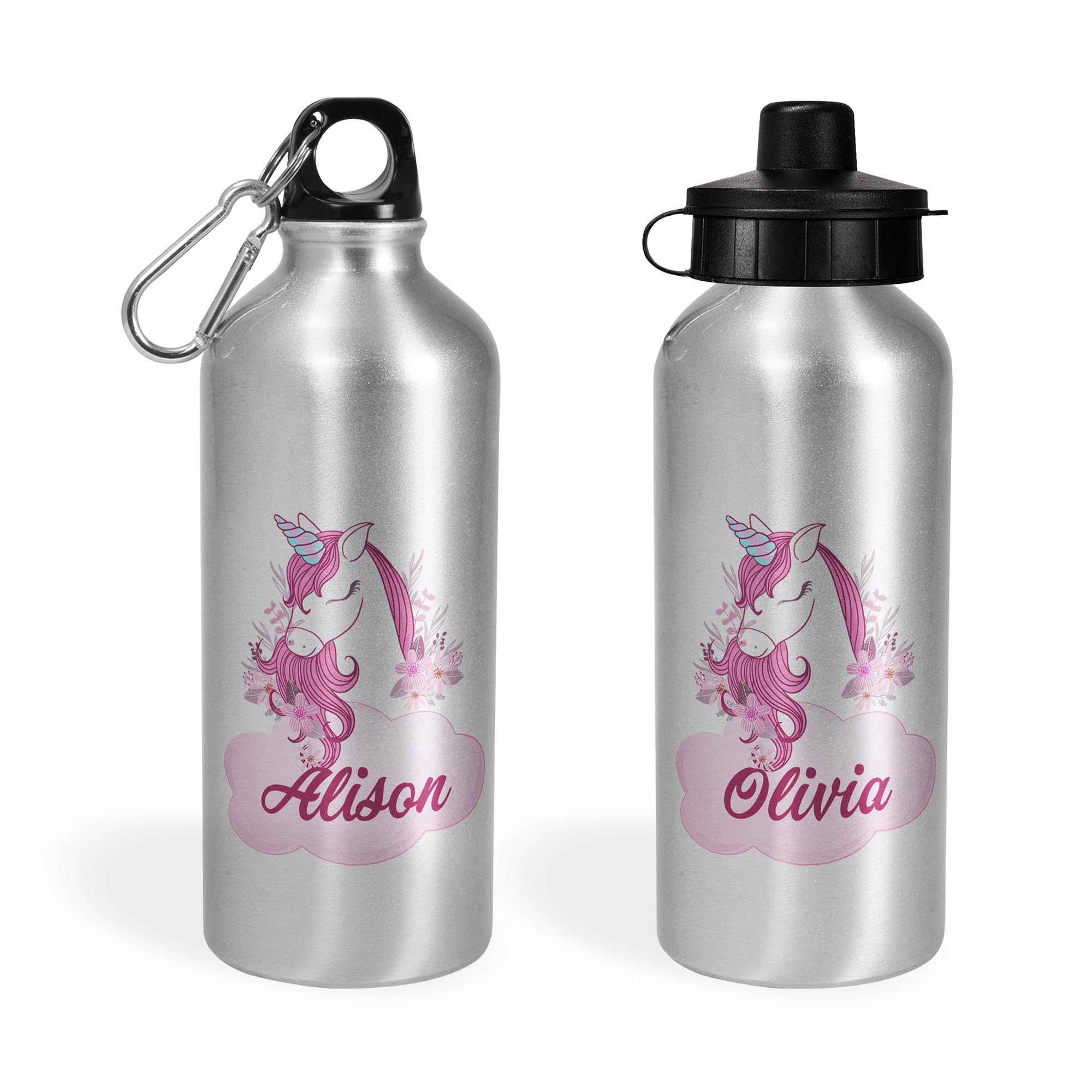 Print Maniacs Personalised Water Bottle School Sport Cap Drink White Silver 600ml or 400ml Aluminium Kid Boys Girls Biking Gift Unicorn (Silver, 600ml)