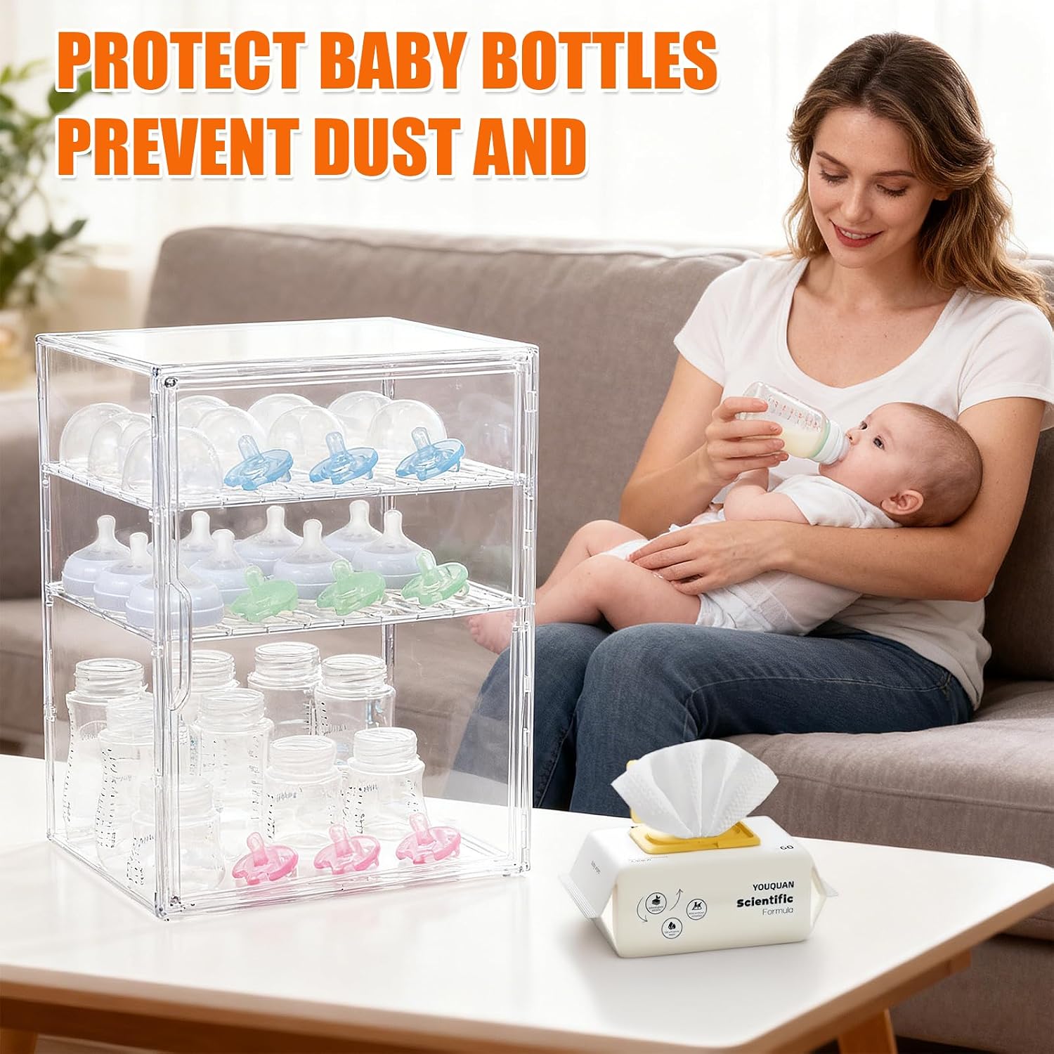 YESGIRL 3-Tier Clear Baby Bottle Organizer,Clear Stackable Acrylic Storage With Drawer for Countertop Cabine Storage Station Case Box Container for Nipples Pump Parts Food Jars