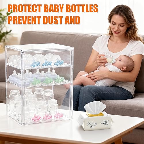 Miniatura 5 de YESGIRL Organizador de biberones transparente de 3 niveles, almacenamiento acrílico apilable transparente con cajón para encimera, estación de
