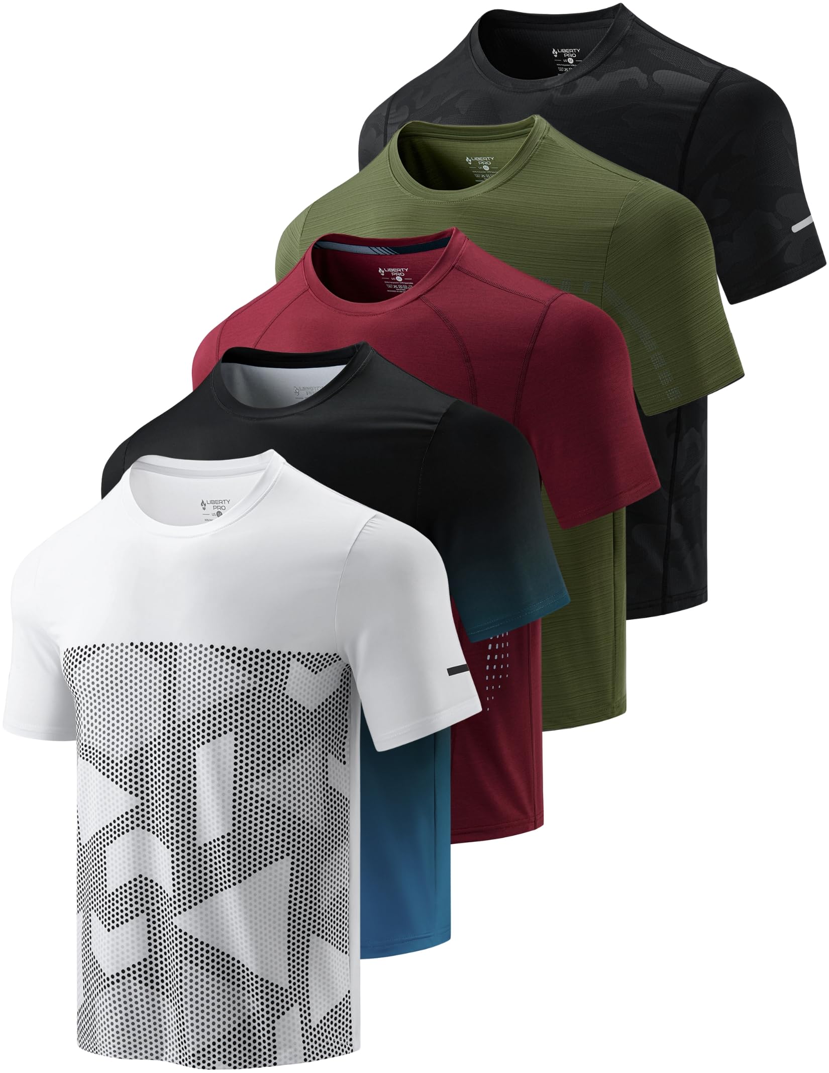 5 Pack Men’s Active Quick Dry Crew Neck T Shirts | Athletic Running Gym Workout Short Sleeve Tee Tops Bulk, White/Gradient/Maroon/Olive/Black, Large