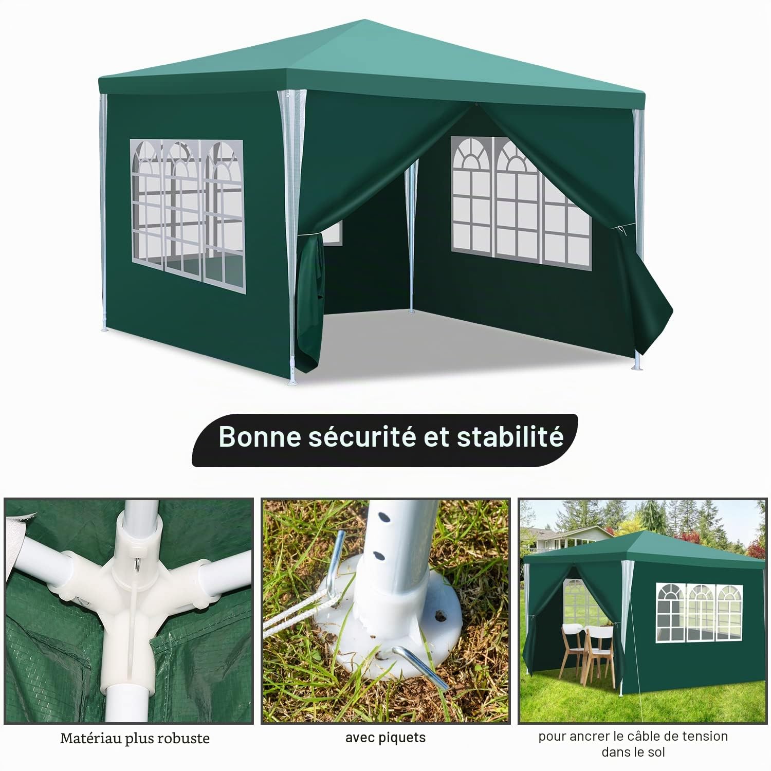 Tonnelle de jardin étanche, 3 x 3 m, avec 4 parois latérales et fenêtres, protection anti-UV 50+, tente de réception pour fête, stand de marché, festival, marché aux puces et camping, vert