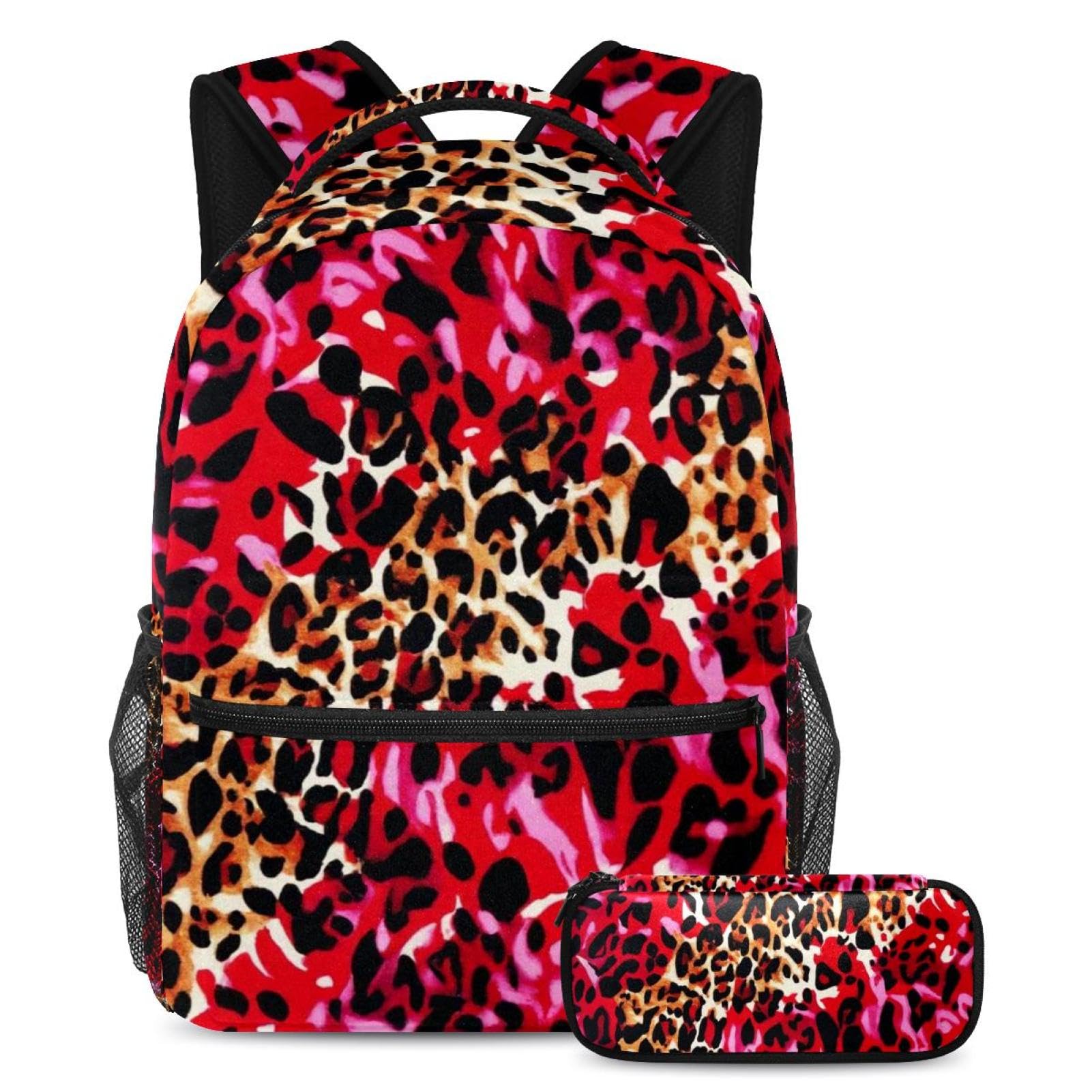Ensemble cartable imprimé léopard rouge avec trousse scolaire mixte