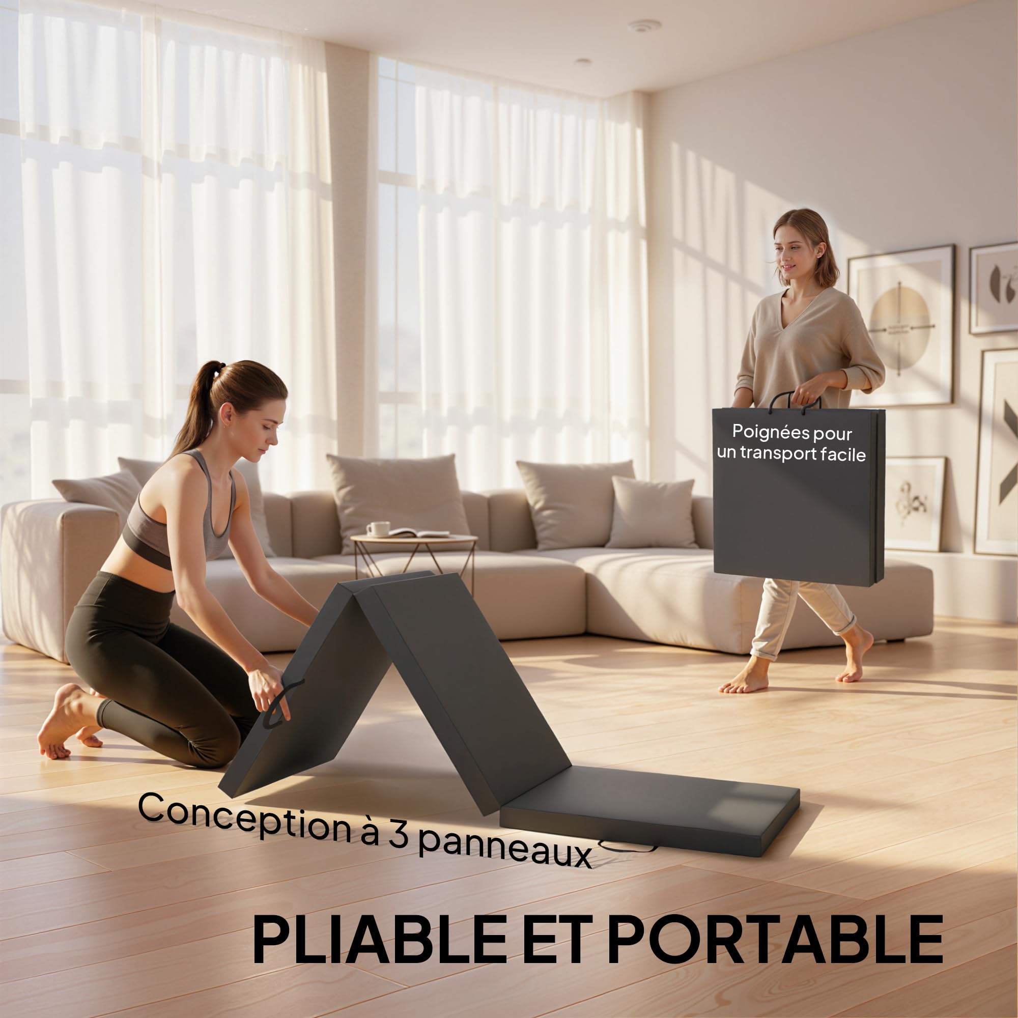 HOMCOM Tapis de gymnastique pliable, tapis gymnastique épais, 180 x 60 x 5 cm, avec poignée, tapis de sol pour yoga, sport, fitness, pilates, revêtement synthétique