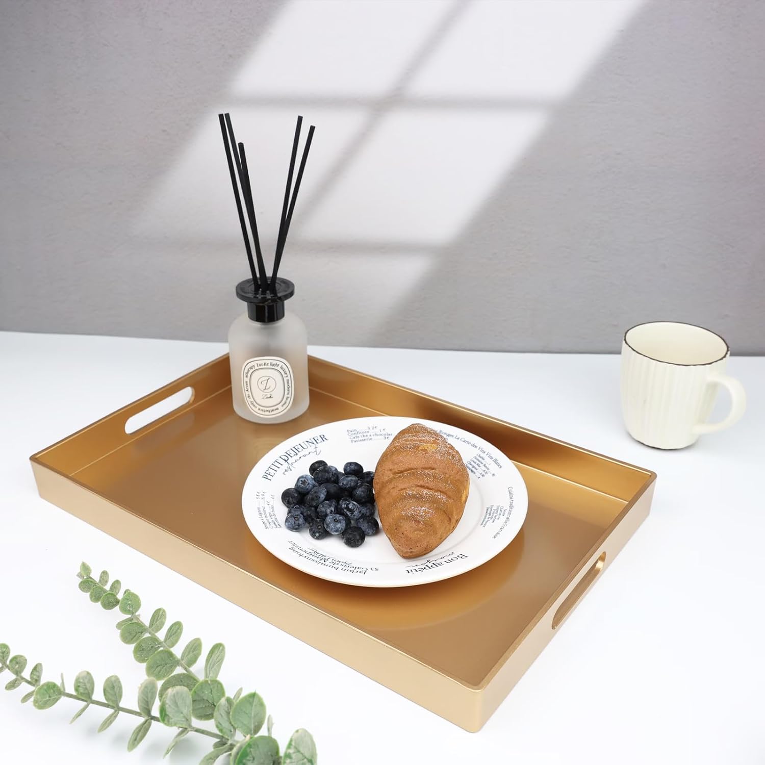 Spsyrine Gold Decorative Serving Tray with Handles, Elegant Plastic Coffee Table Tray for Ottoman, Living Room, Home Decor 15.6" X 10.2" - Image 3