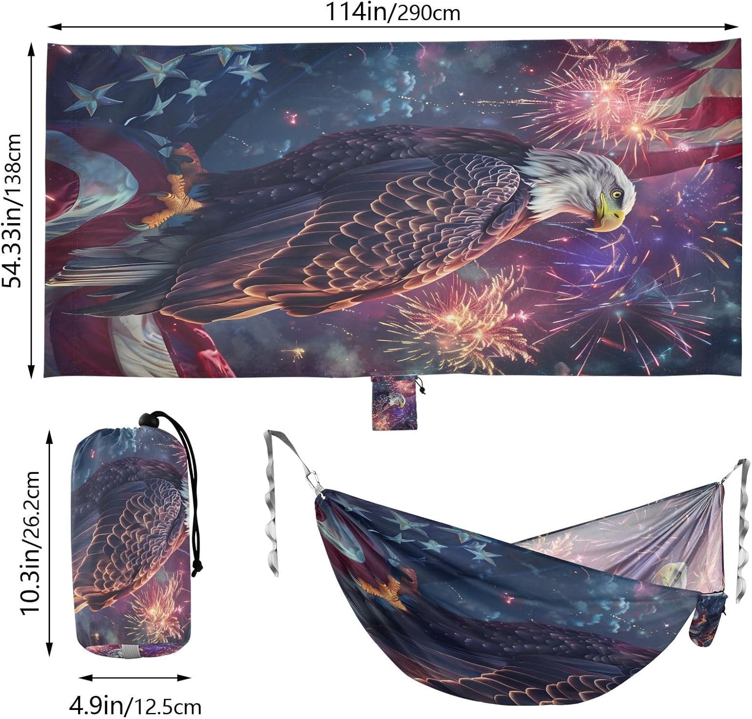 ALAZA USA American Flag Eagle Camping Hammocks Single or 2 Person 500 lbs Portable Parachute Travel Hammock w/Tree Straps for Hiking Backpacking Indoor Outdoor