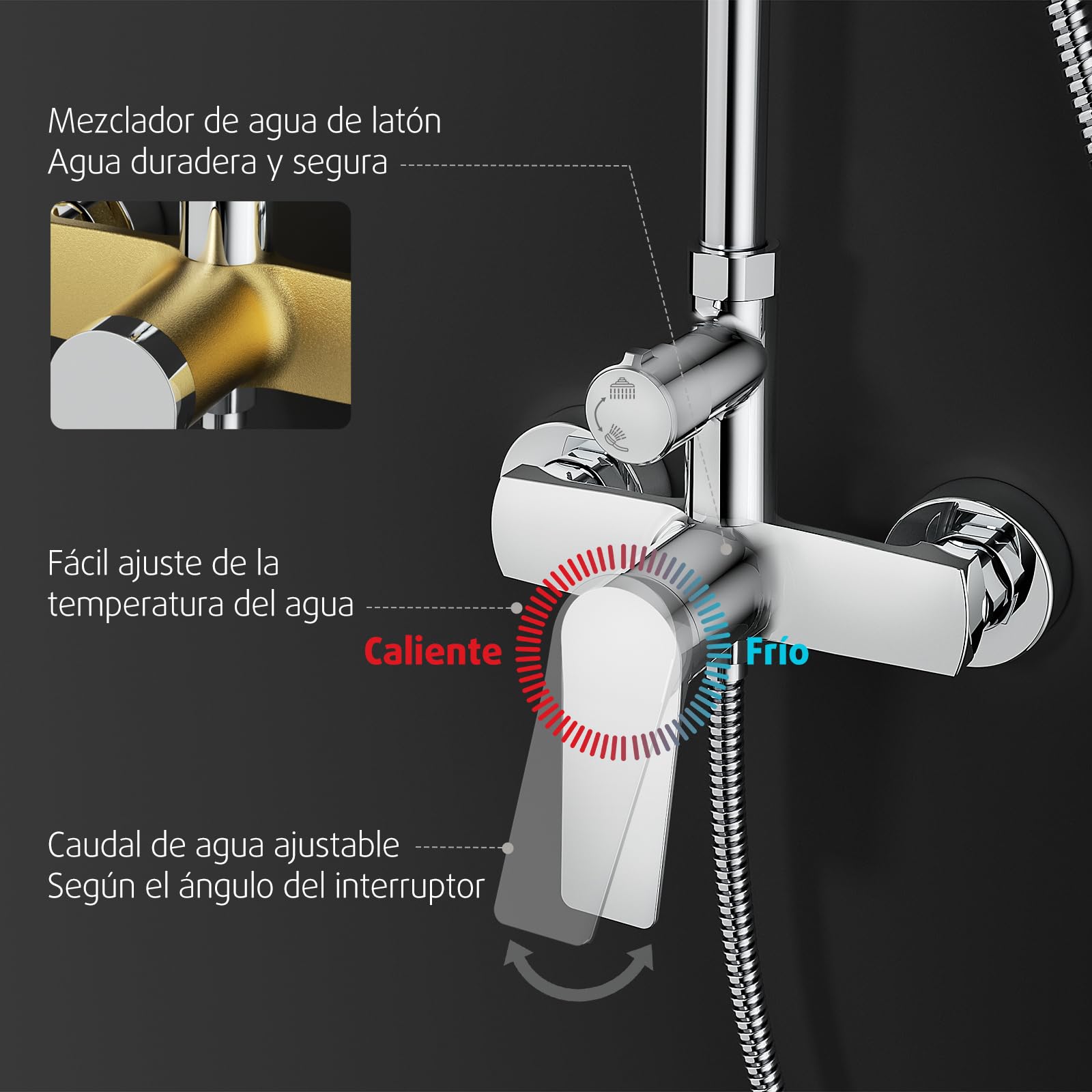 Rainsworth Sistema de ducha con grifería cromada, ducha de lluvia con grifo de latón, ducha de lluvia de 25 cm, 3 tipos de chorro, juego completo de ducha