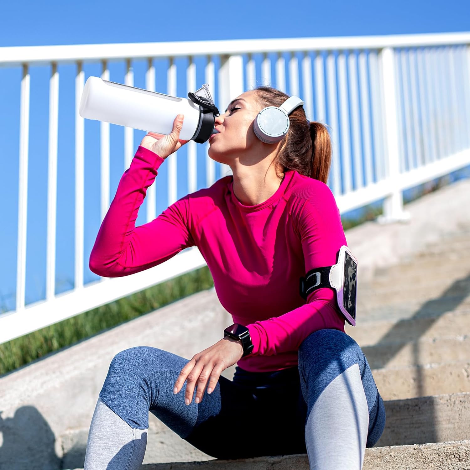 Kodrine 24oz Glass Water Bottle With Straw-2 lids-Reusable Daily Water Intake Glass Bottle with Measurements,Silicone Sleeve, Time Marker, Cupholder Friendly for Home,Gym,Sports-White