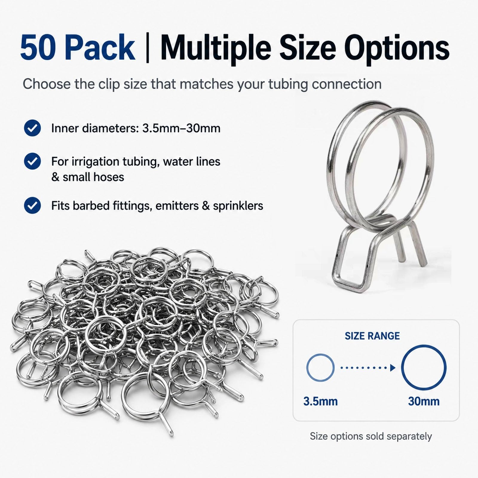 50er-Pack Doppeldraht-Schlauchklemmen Aus Edelstahl, Größenoptionen Von 3,5 Mm Bis 30, Federklemmen For Bewässerungsschläuche Und Widerhakenanschlüsse(28mm(1.10in))