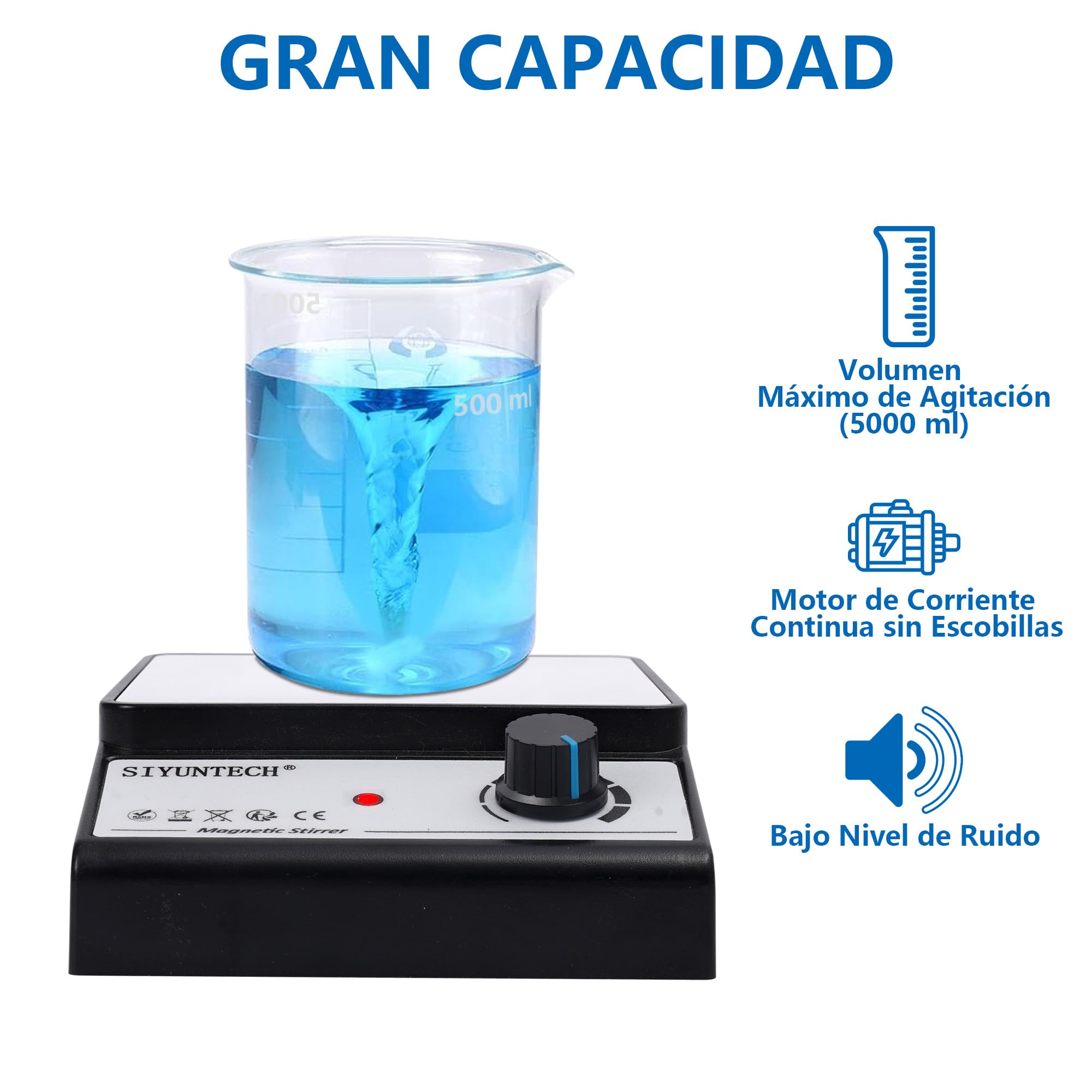Agitador Magnético [2025], Con 4 Varillas Agitadoras Magnéticas & Reciclador de Varillas Agitadoras Magnéticas, Rango de Velocidad 0~3800 rpm, Capacidad Máxima de Mezcla 5000ml