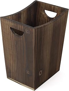 BTY Trash Can Wastebasket Torched Wood Waste Basket Bin, Rustic Garbage Container Bin for Kitchen, Bedroom, Office, Living Room Brown
