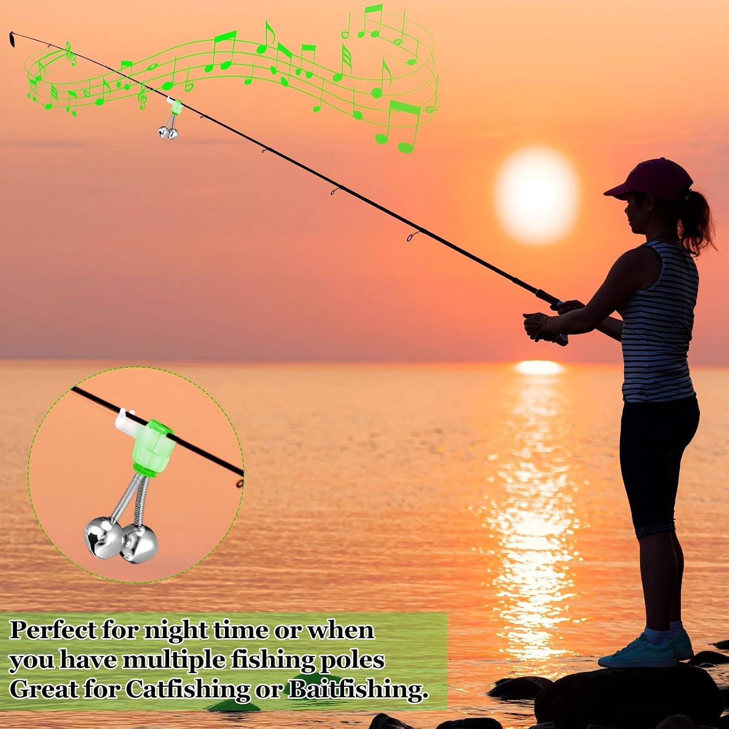 Soulchen 50 Pcs Fishing Rod Bells 2 Inch Double Bell Bite Alarms with Spiral Clip Portable Reusable Bite Indicator for Night Fishing