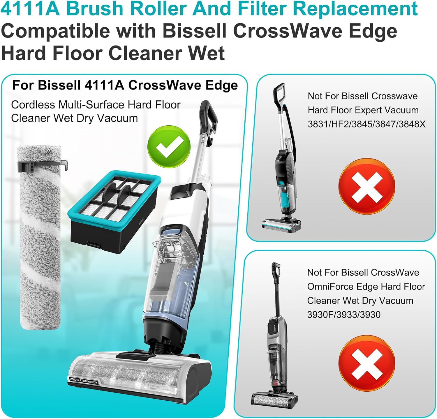 4111A Brush Filter Replacement Parts for Bissell CrossWave Edge 4111A Multi-Surface Hard Floor Cleaner Wet Dry Vacuum, 2 Brush Rollers 2 Filters, Part No. 1640897 1637755