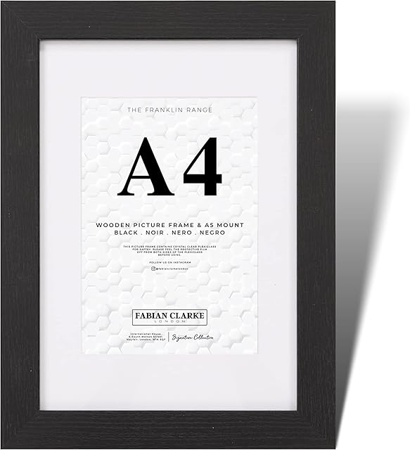 Fabian Clarke London® A4 Modern Black Wooden Picture Photo Frame For Certificate or Noticeboard Poster with White A5 Mount to Hang Portrait or Landscape