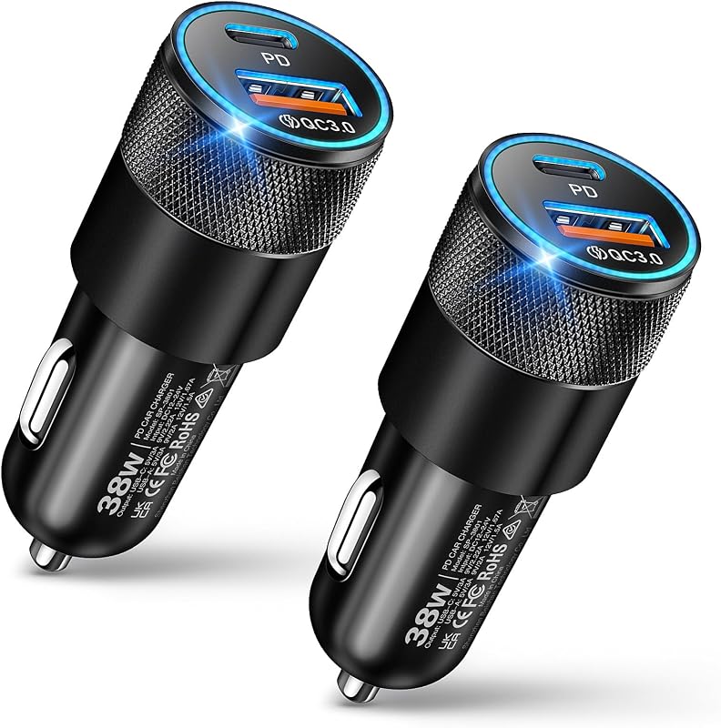 USB C Car Charger, 2 Pack 38W Dual Ports USB-C & USB-A Car Charger Adapter | Fast Charging Cigarette Lighter Chargers for iPhone 17 Pro Max 16 16e 15, Samsung S24, Pixel Cargador Para Carro Phone Plug