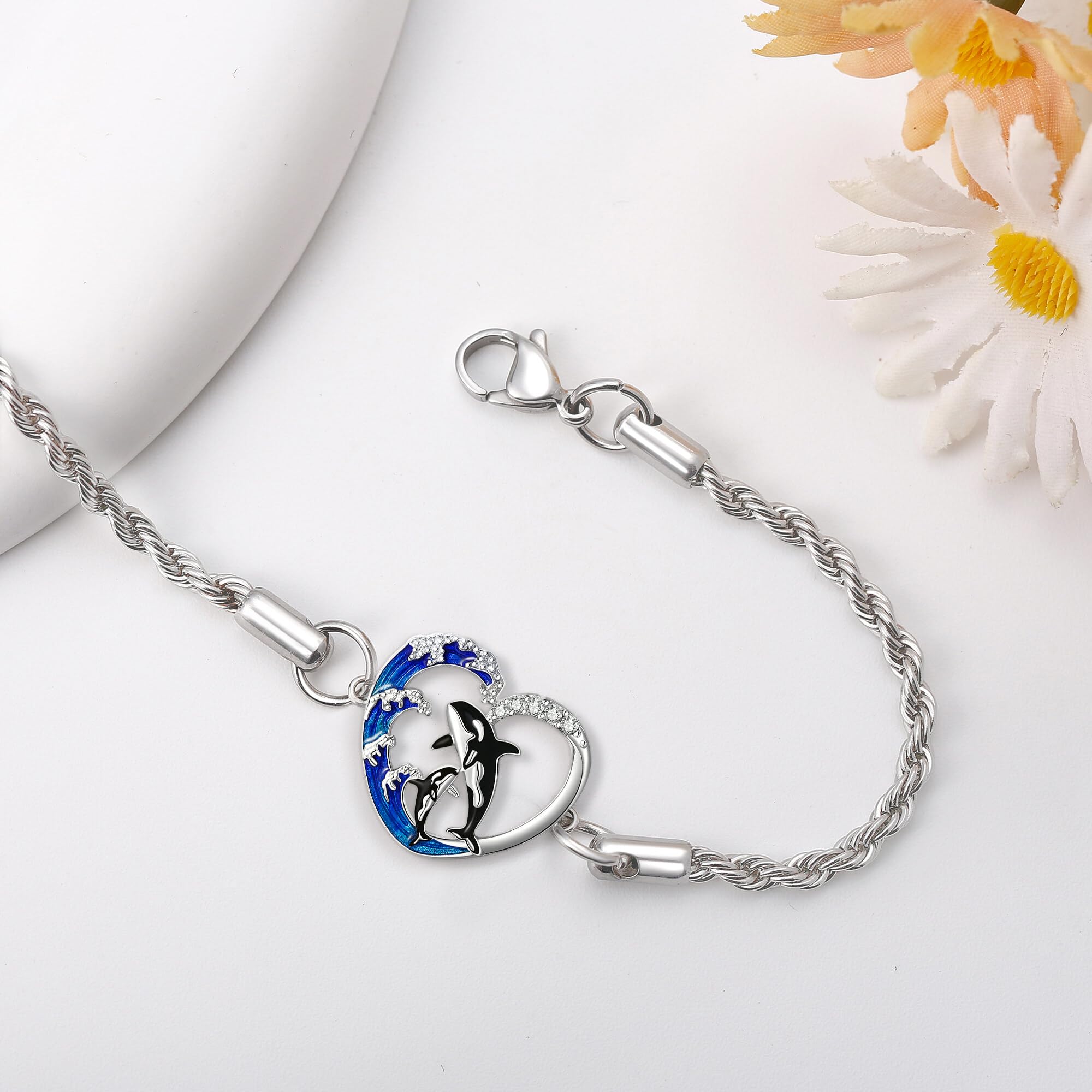 DAYLINLOVE Orca Tobillera de plata de ley 925, orca, orca, forma de corazón, tobillera, madre, hija, mar, océano, animal, regalo de joyería para mujer, mamá, abuela, Plata de ley, Sin gemas