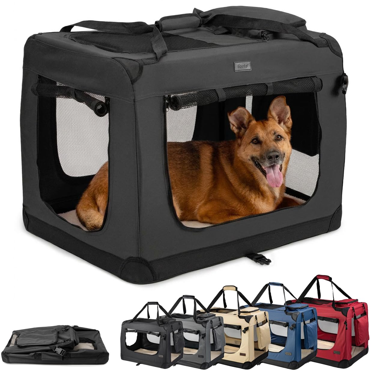 lionto Foldable Dog Crate for Travel and Car, 82 x 58 x 58 cm, Black