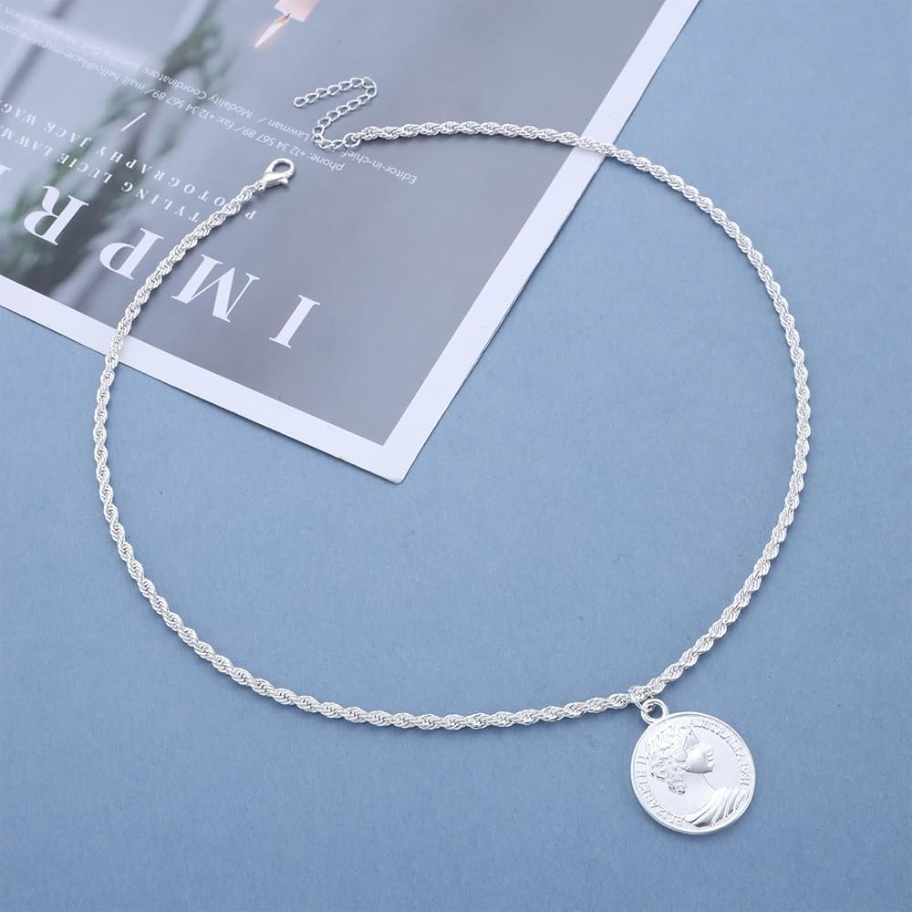 Collana Girocollo Argentea Con Ciondolo Disco - Catena Delicata 18 Pollici