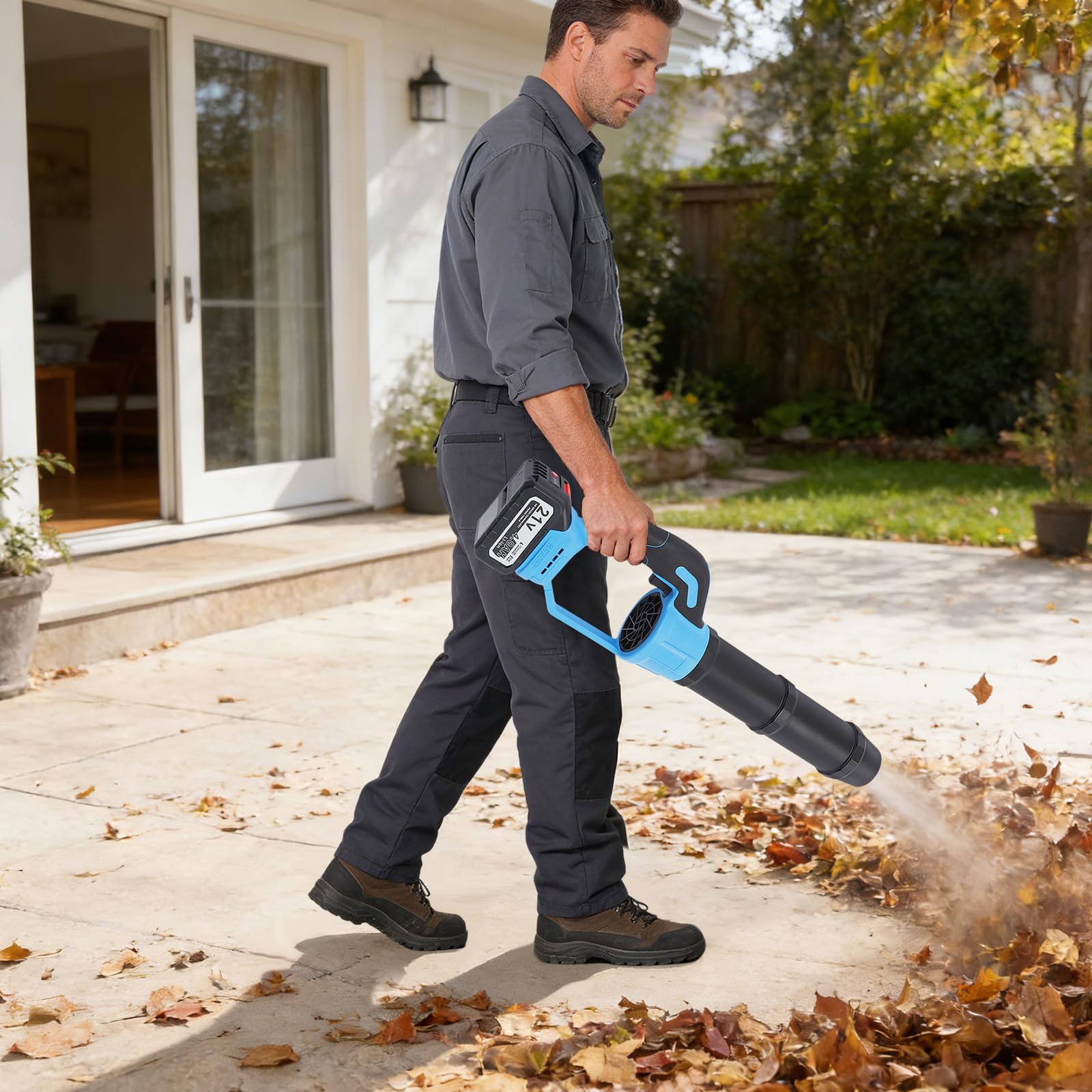 Soffiatore a batteria da 21 V per giardino, cura del prato e pulizia del cortile (blu) | Potente velocità di soffiaggio di 50 m/s, leggero ed ergonomico, con valigetta per il trasporto
