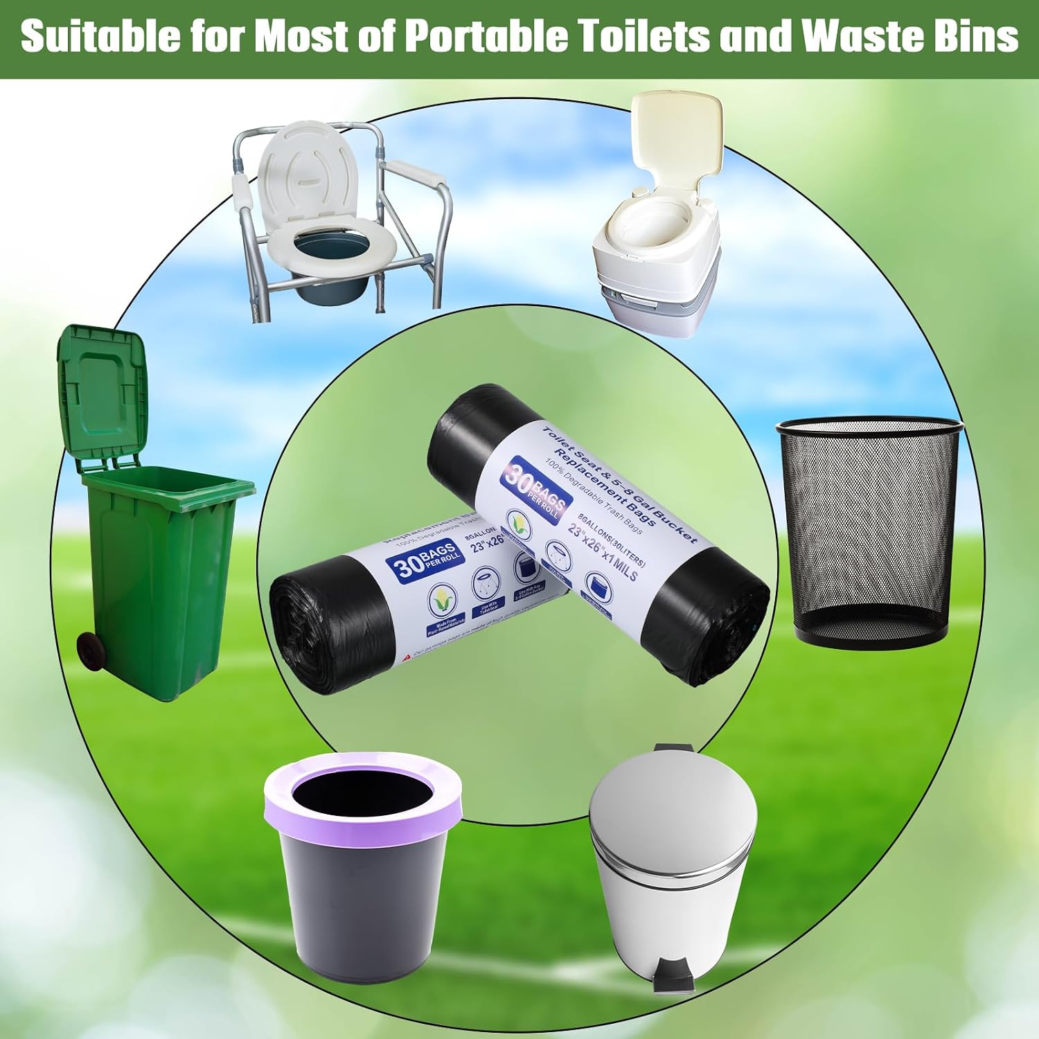 Colarr 180 Count Trash Bags 8 Gallon Recycle Trash Bags Portable Camping Toilet Bags for Bucket Toilet Disposable Trash Can Liners for Outdoor Camping Hiking Boating Travel, Black