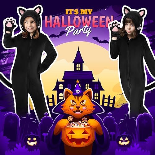 Miniatura 7 de GIFTINBOX Disfraz de gato para niñas, disfraz de animal, disfraz de gato negro dálmata para niños, disfraces de Halloween para niños