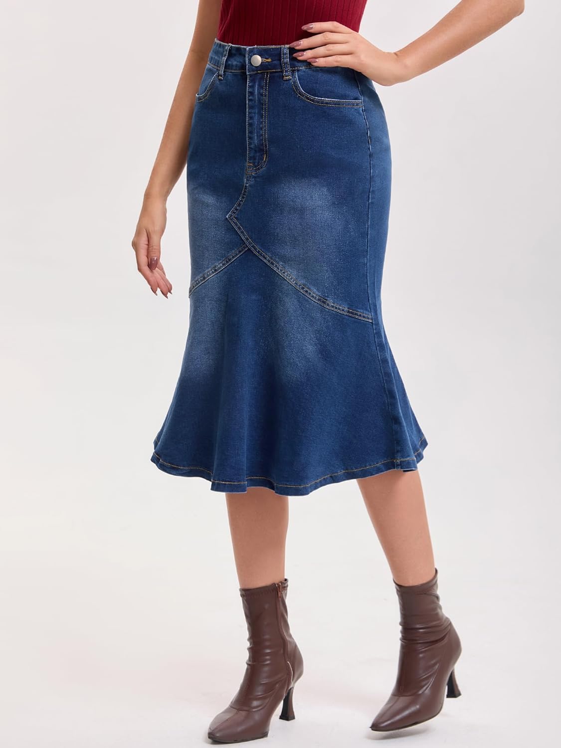 Womens Bodycon Fishtail Denim Skirt High Waisted Ruffled Knee Length Jean Skirt