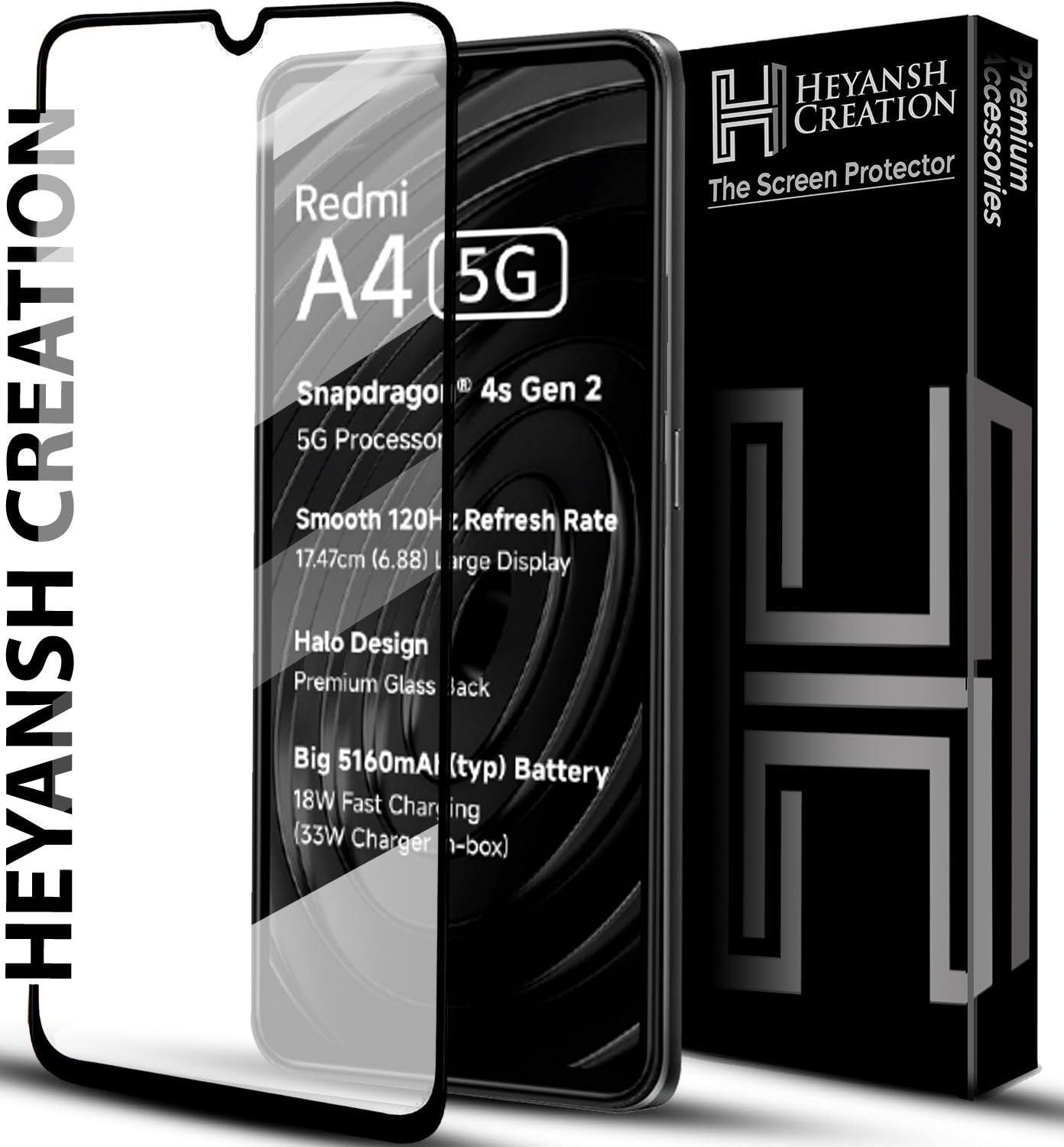 HEYANSH CREATION Tempered Glass Screen Protector Compatible for Redmi A4 5G / REDMI A4 with Edge to Edge Coverage and Easy Installation Kit, Pack of 1, Black