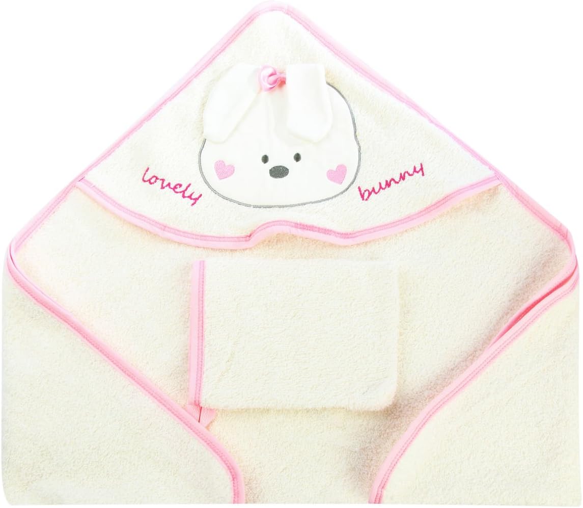 100% Turkish Cotton Bunny Hooded Towel and Washcloth for Baby Girl (Cream)
