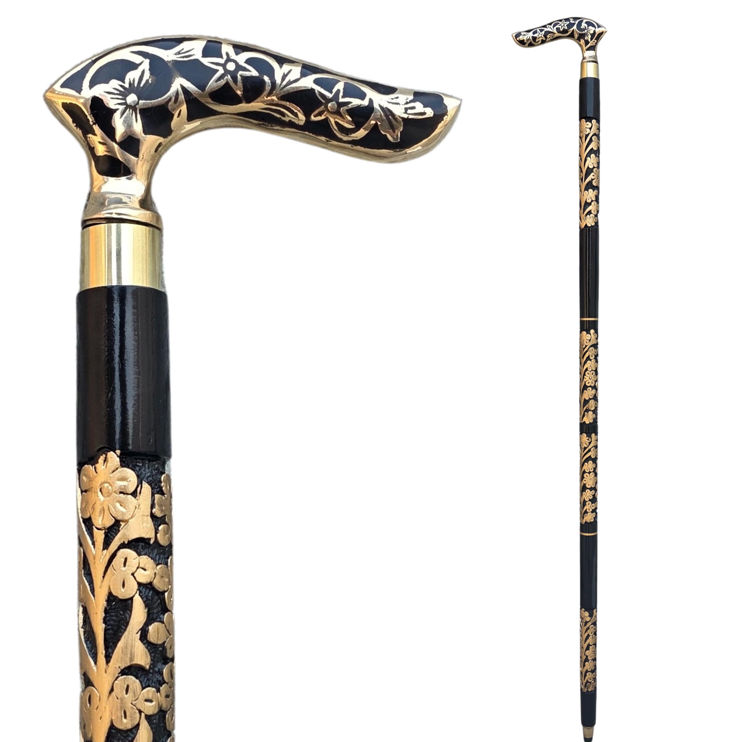 Gehstock im viktorianischen Stil, 91,4 cm, faltbarer 3-teiliger schwarzer Stock mit floralem Gravur, Messinggriff, antikes Gold-Finish